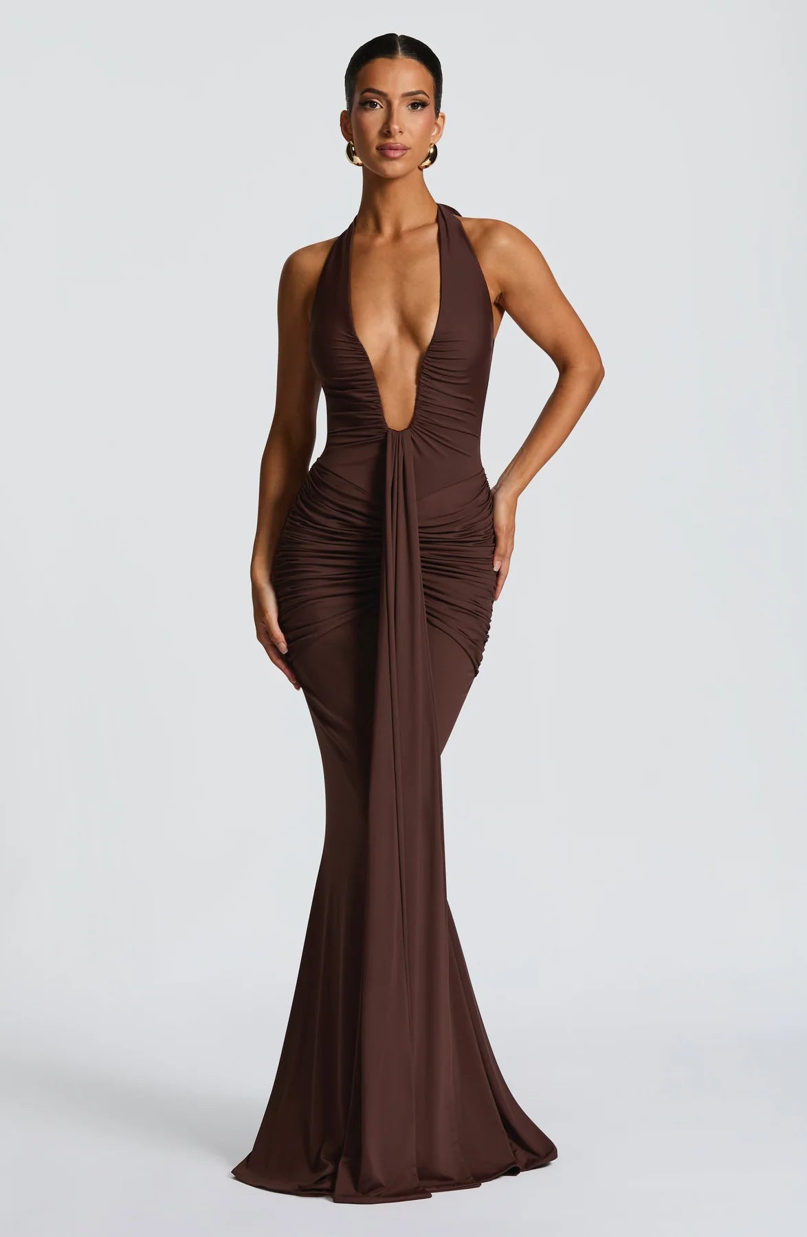 Solid Color Halterneck V-neck Open Back Tie Gathered Maxi Dress