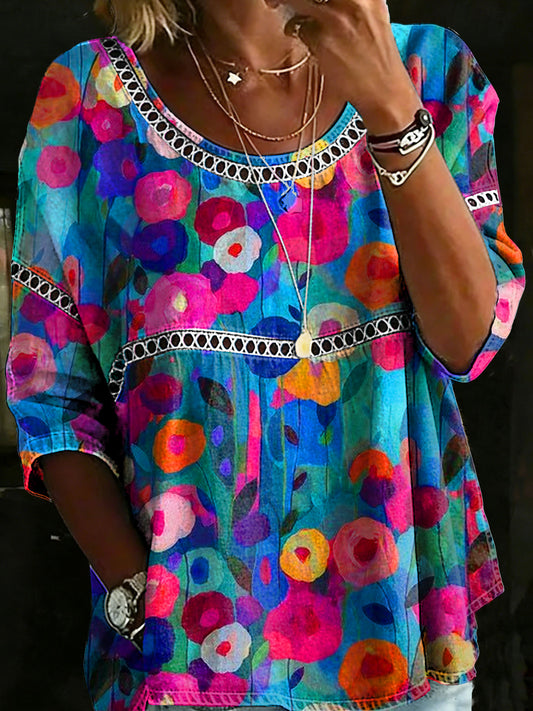 Women's Vintage Flower Casual Loose Denim Blouse Shirt