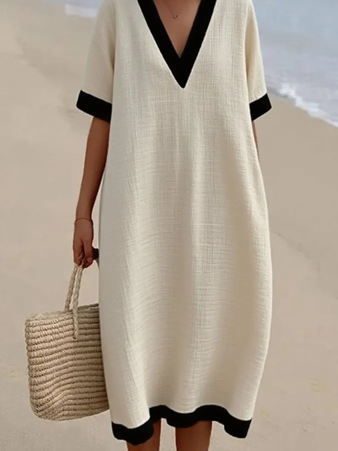 Women'S Casual Cotton And Linen Contrast Color V-Neck Short Sleeve Dress