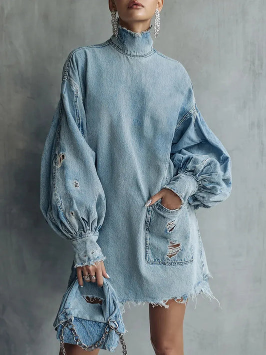 Distressed Denim High-Neck Mini Dress