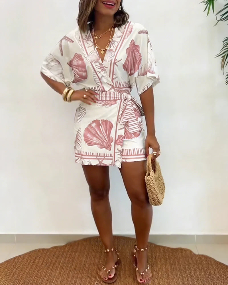 Starfish & Seashell Print Overlap V Neck Half Sleeve Wrap Knot Side Romper Casual Stretchy Back Waist Vacation Romper