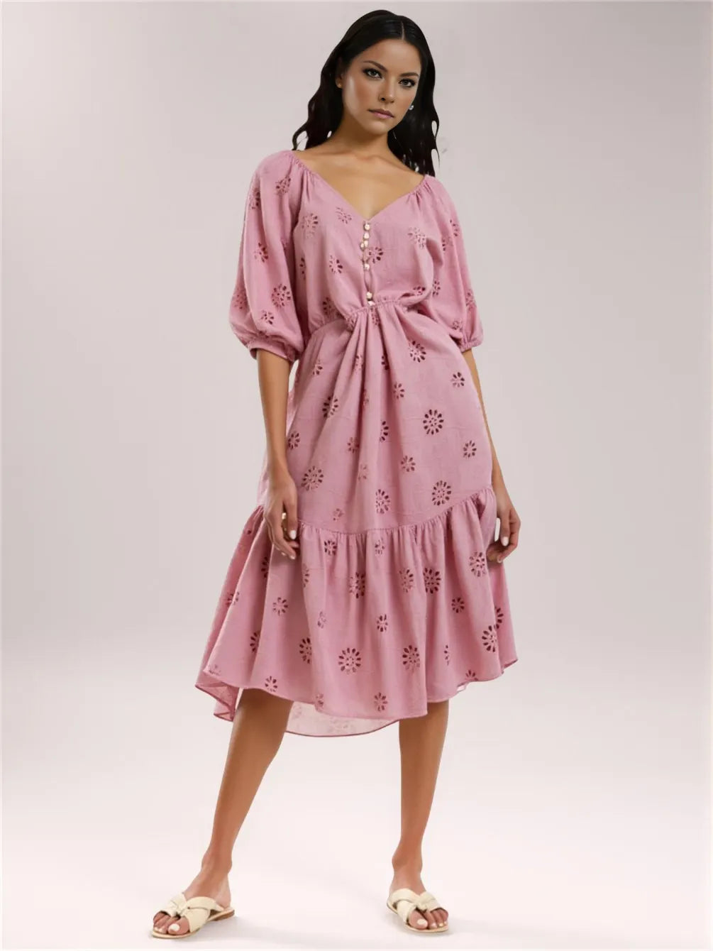 Short-Sleeved V-Neck Waist Slim A-Line Hollow Embroidered Dress