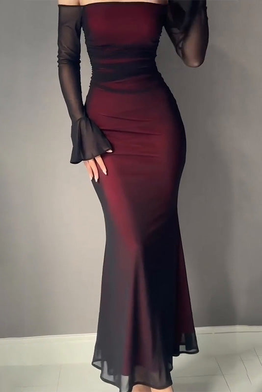 Burgundy Sheer-Sleeve Mermaid Gown