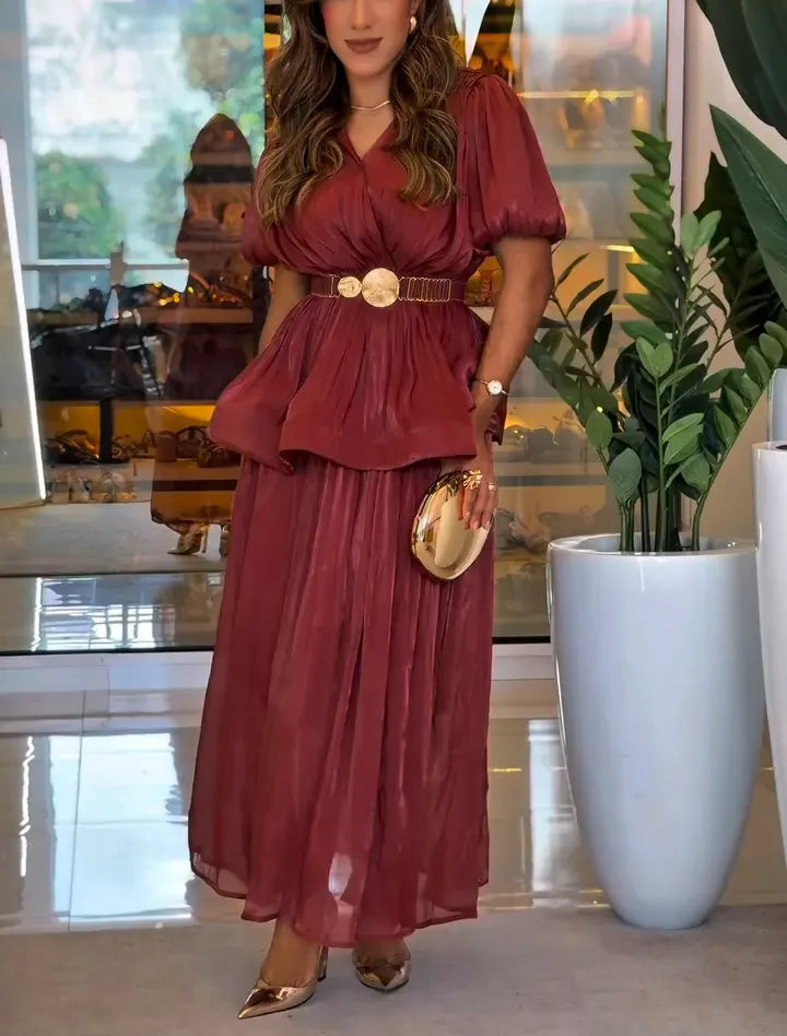 Shimmer Satin Puff Sleeve Belted Waist Maxi Dress