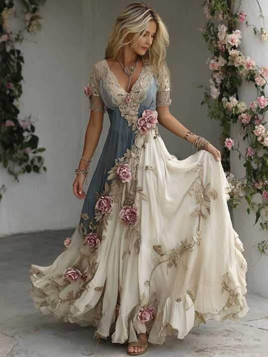 Women's Roses Embroidered Art Patchwork V Neck Short Sleeve Maxi Dress
