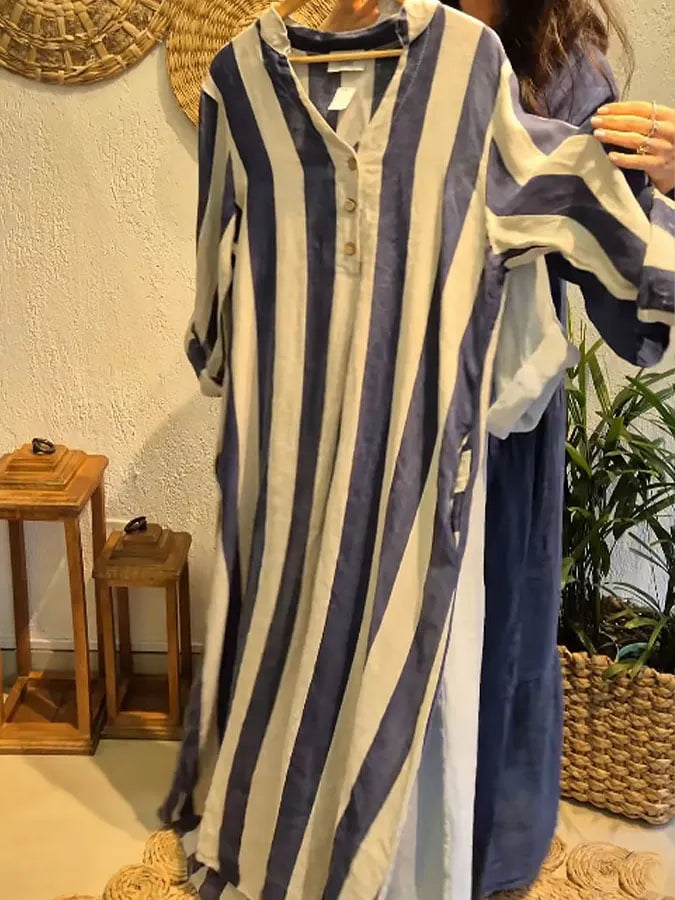 Women'S V-Neck  Striped Printed Cotton And Linen Dress