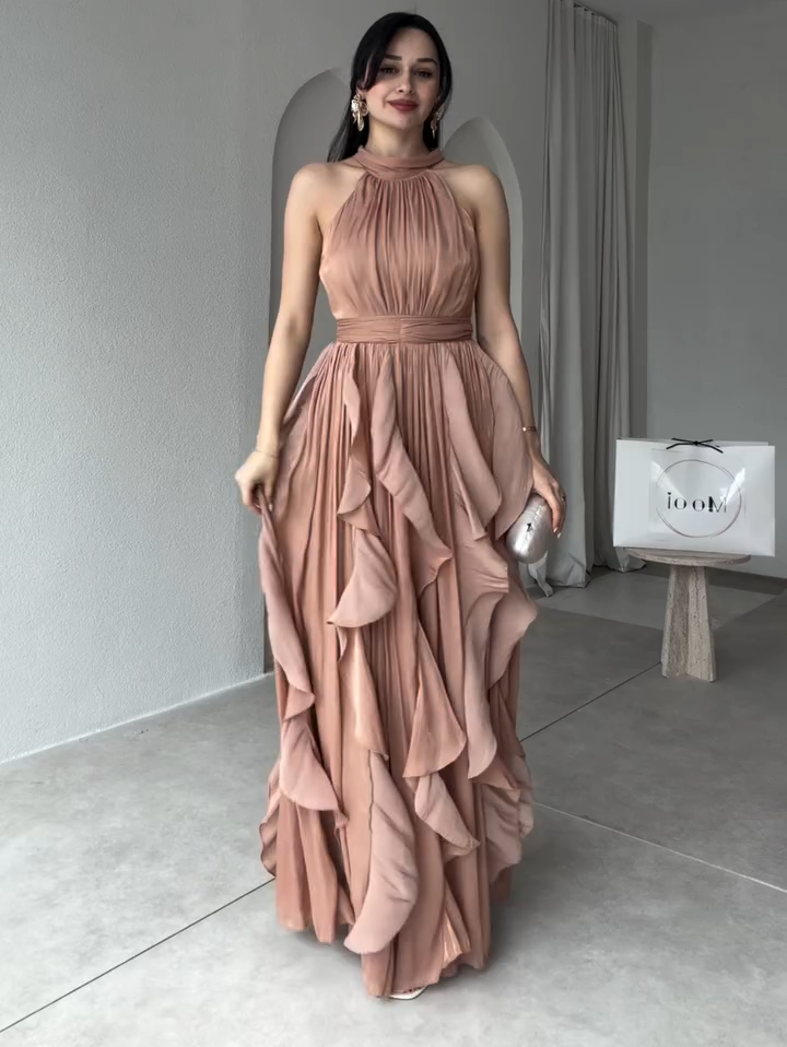 Halter Neck Tiered Ruffle Chiffon Maxi Dress