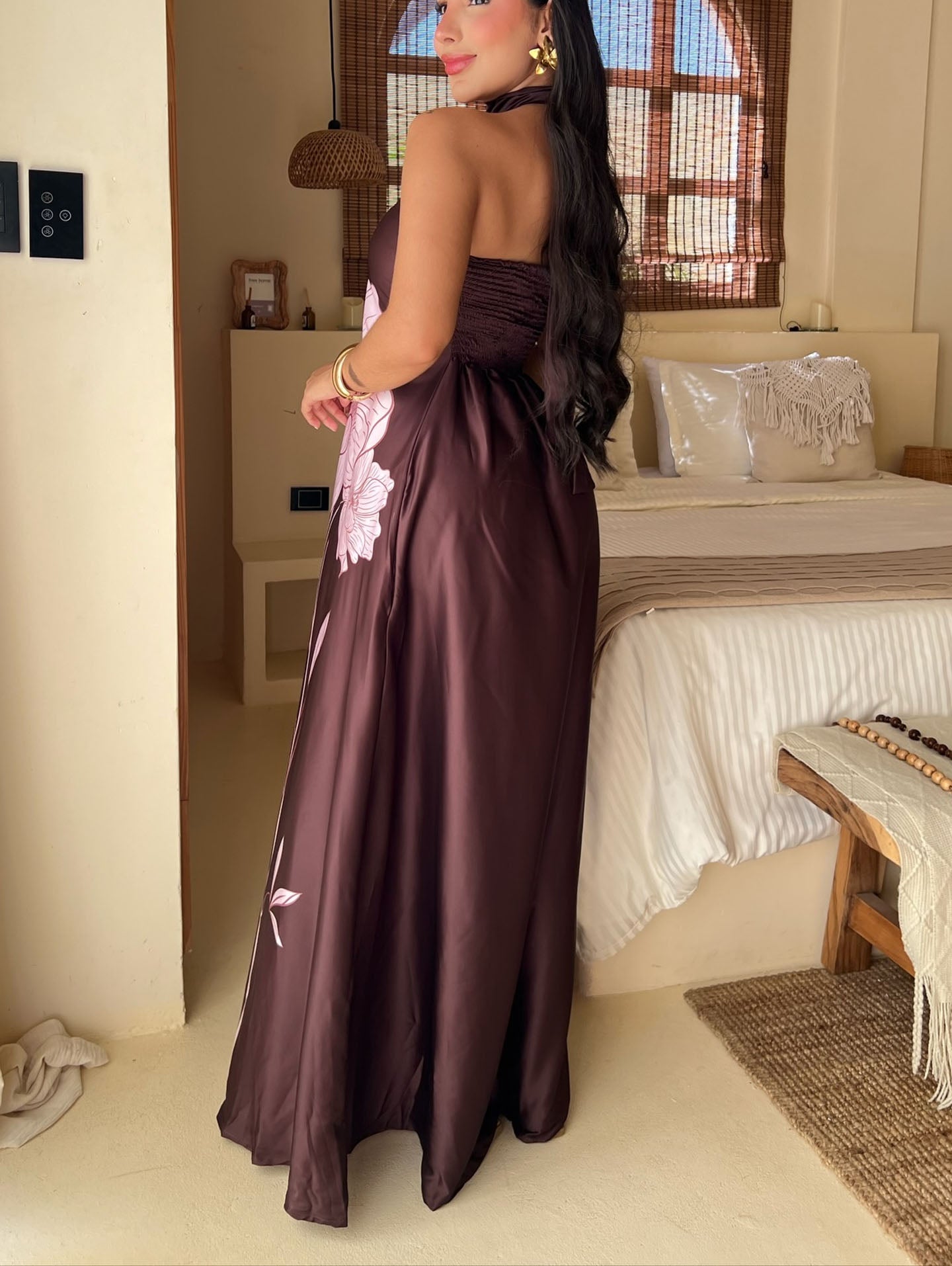 Teal Floral Satin Strapless Maxi Dress with Halter Tie