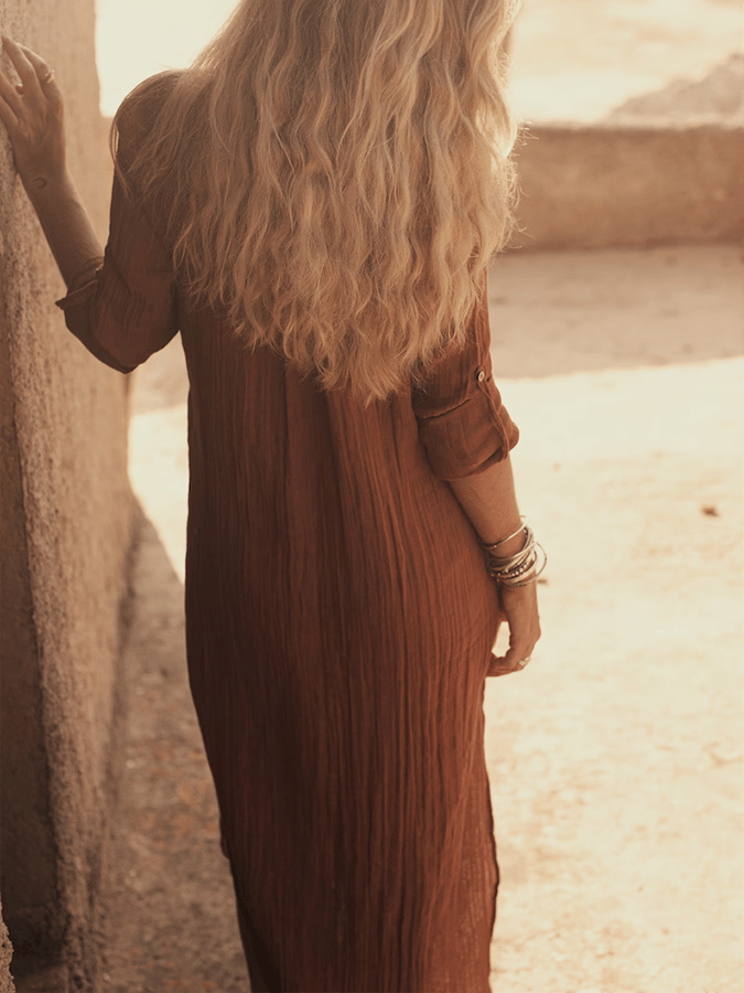 Ladies V-Neck Cotton And Linen Long Slit