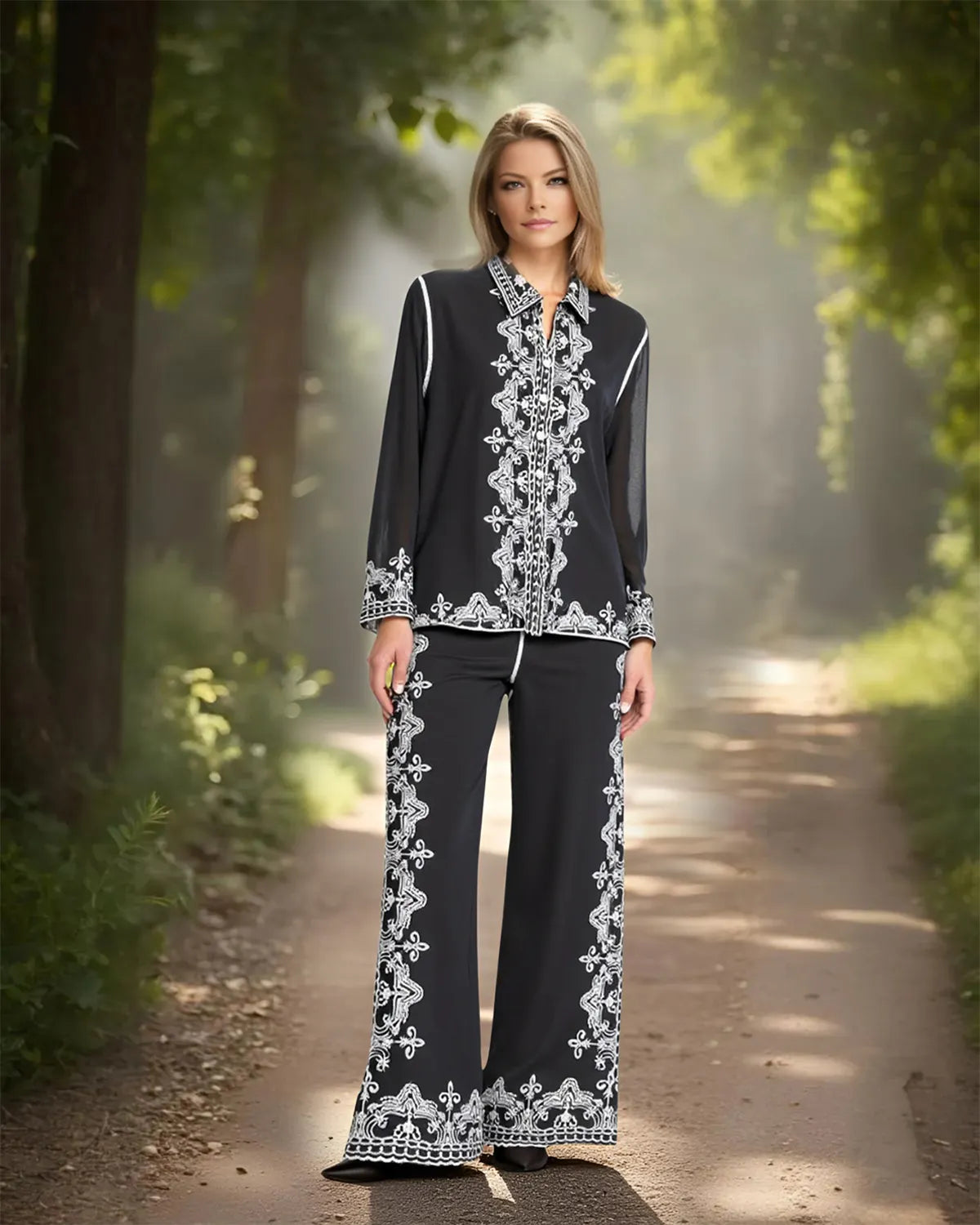 Heavy Embroidery Long Sleeve Shirt & Loose Casual Pants Two Piece Set