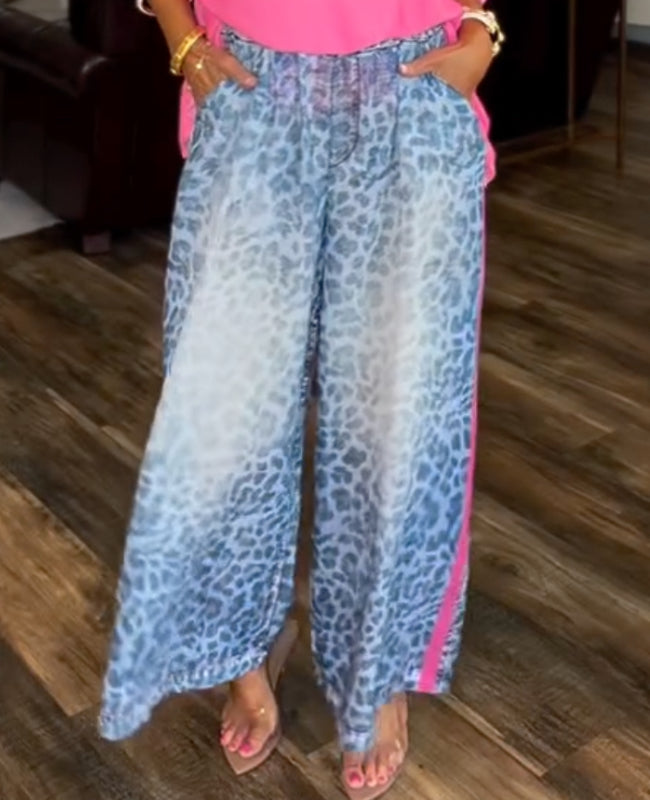 Fluorescent Pink Batwing Sleeve Top  / Gradient Blue Leopard Print Wide-Leg Pants