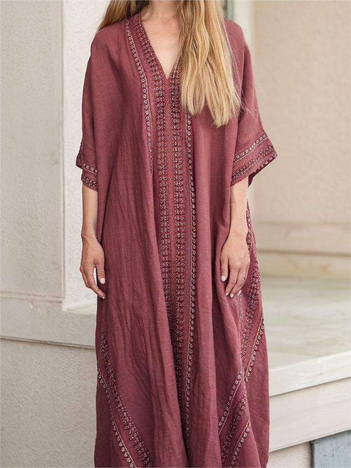 Contton & Linen Long Sleeve Kaftan Maxi Dress