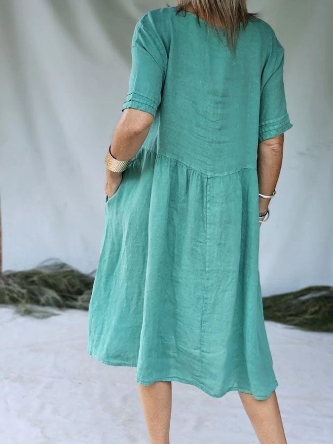 Women's Casual Solid Color Round Neck Mid Sleeve Button Cotton and Linen Dress