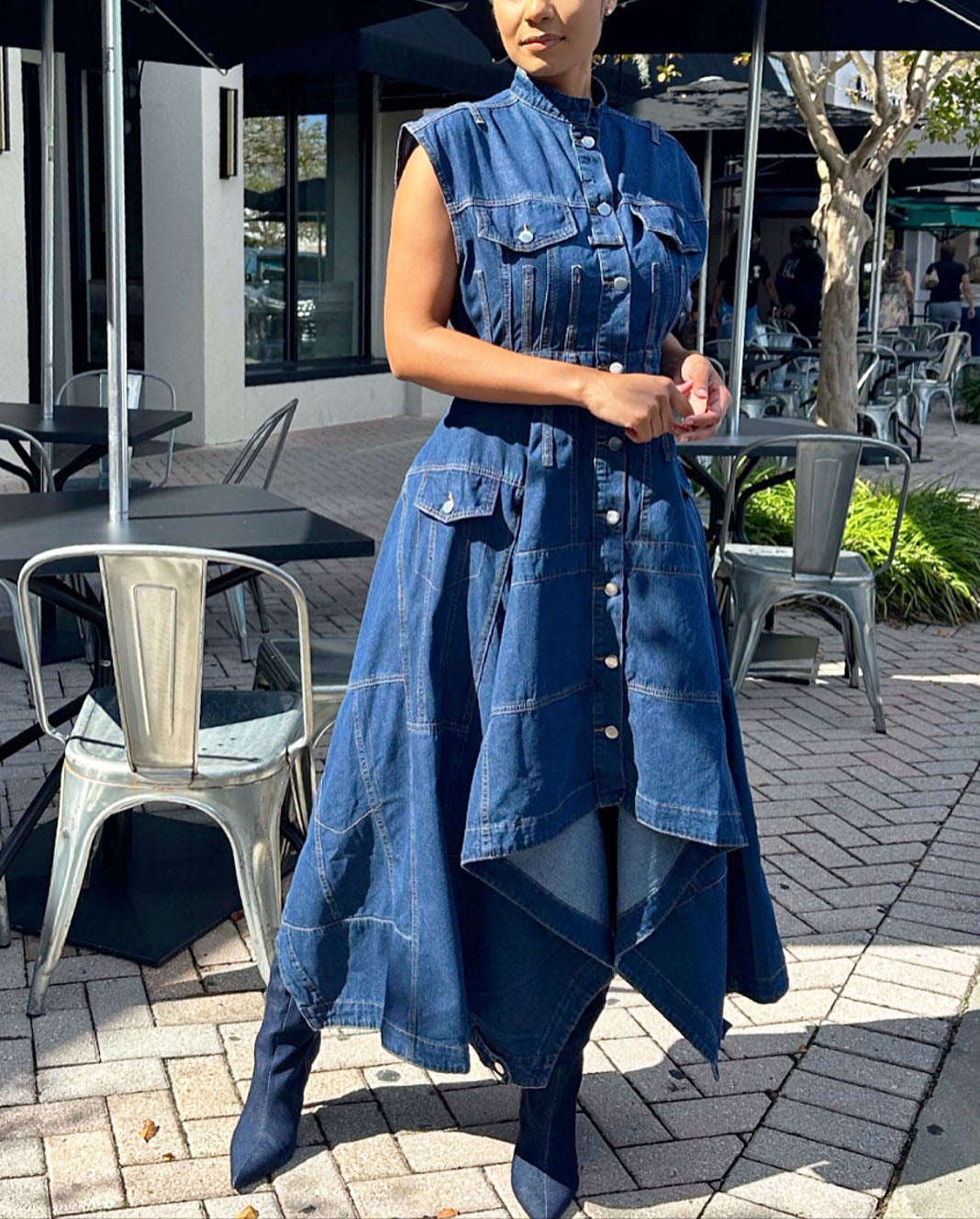 High Neck Sleeveless Denim Midi Dress with Asymmetric Hem