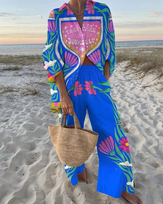 Hourglass Flower Print Shirt & Pants Two-Piece Set