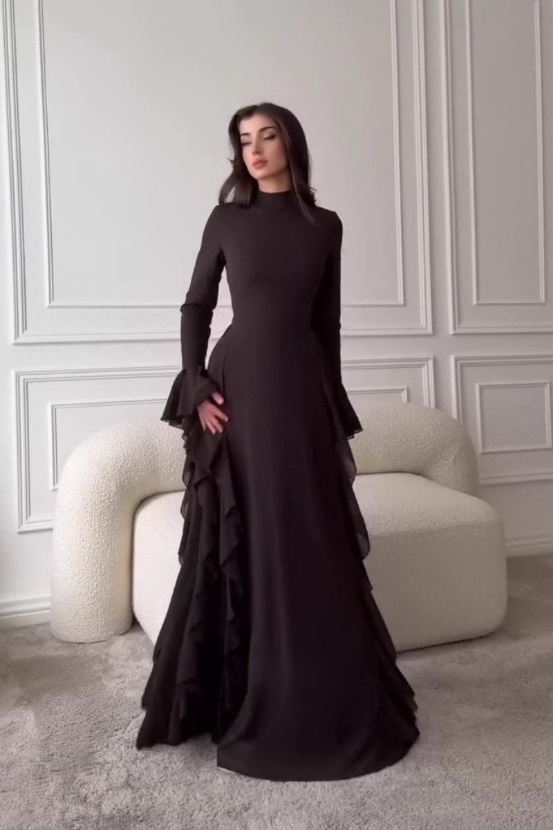 Elegant Crew Neck Long-Sleeve Maxi Dress with Ruffled Details & Flared Bell Sleeves