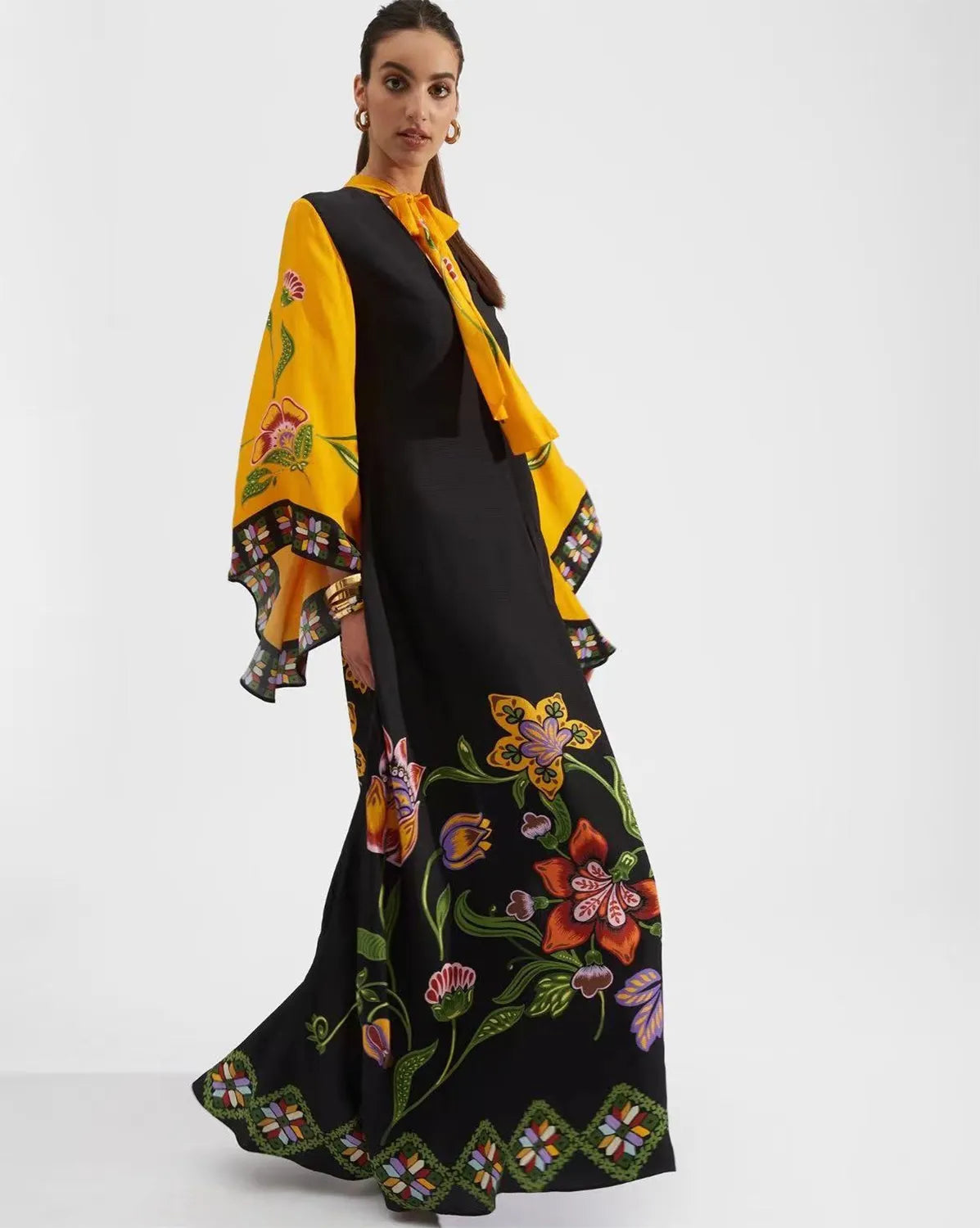 Casual Fashion Print Three-Quarter Sleeve Stand Collar Maxi Dress