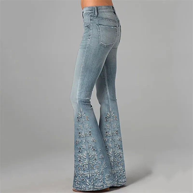 Boho Floral Hollow Embroidered Washed Flare Jeans