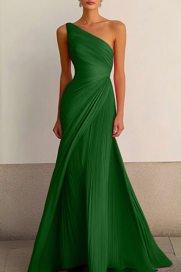 One Shoulder Pleated Maxi Dress Flowy Bodycon Gown Darted Waist Wedding Guest Dress