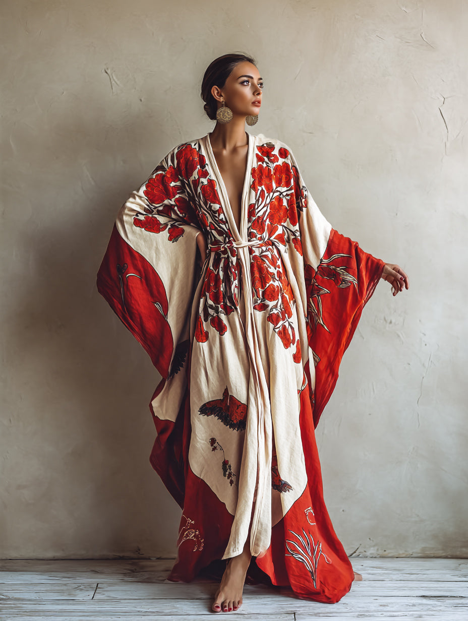 Women's Red Peony Kimono Linen Robe (Including Belt)