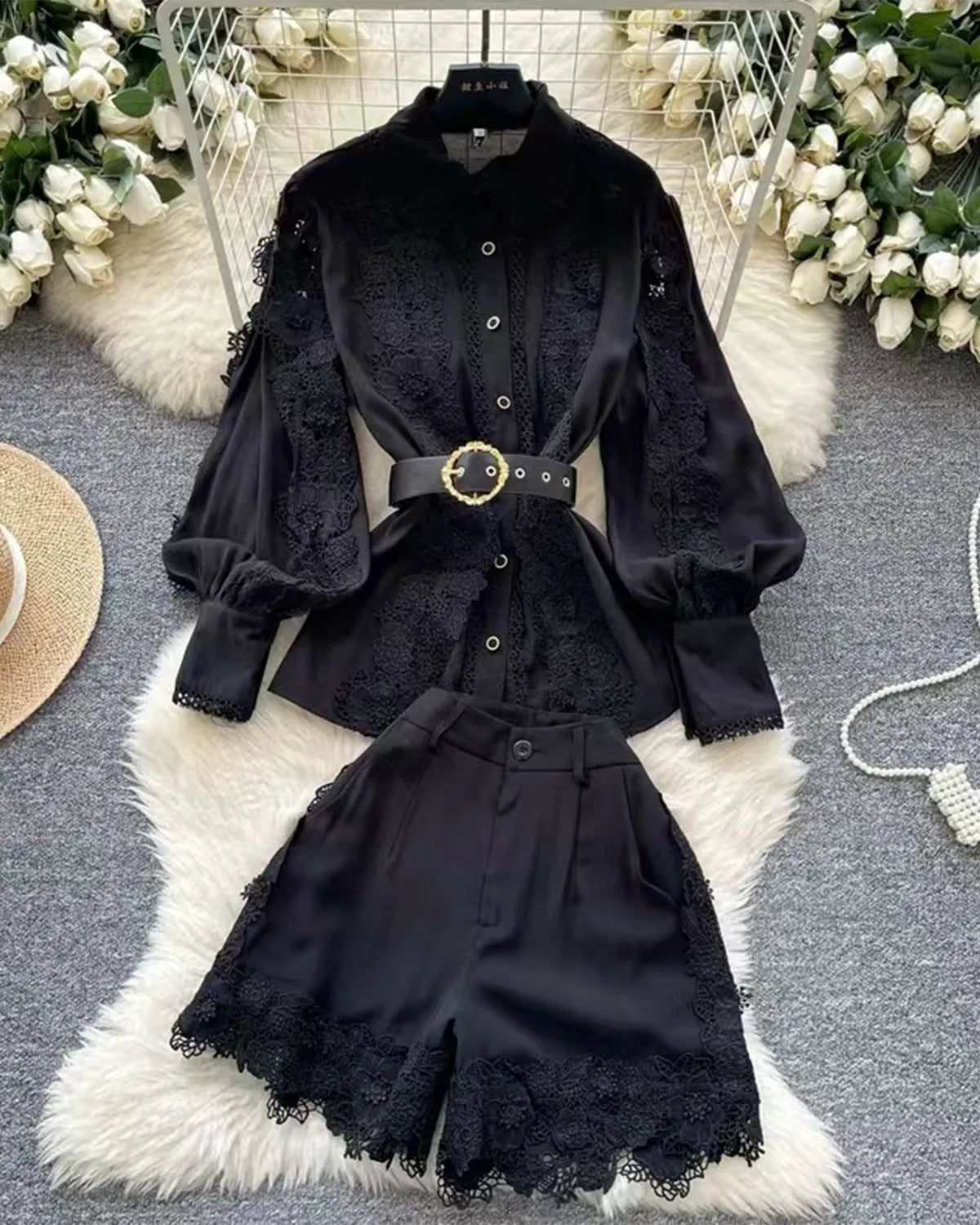 Elegant Fashion Lace Hollow Embroidery Splicing Cotton Lapel Short-Sleeved Shirt Pants Suit Brand 1:1 Replication