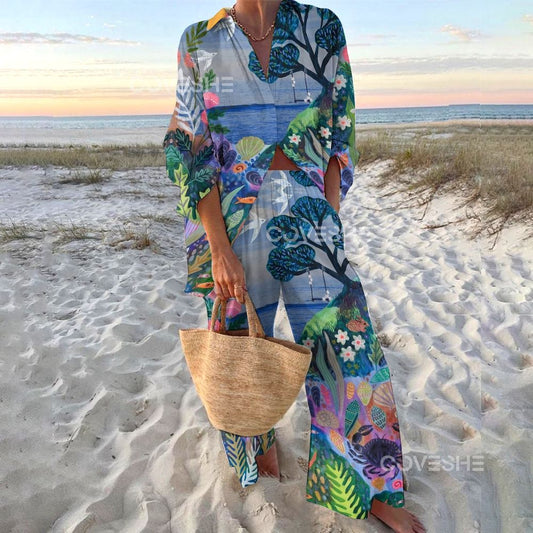 Women's Underwater World Printed Shirt & Pants Two-piece Set