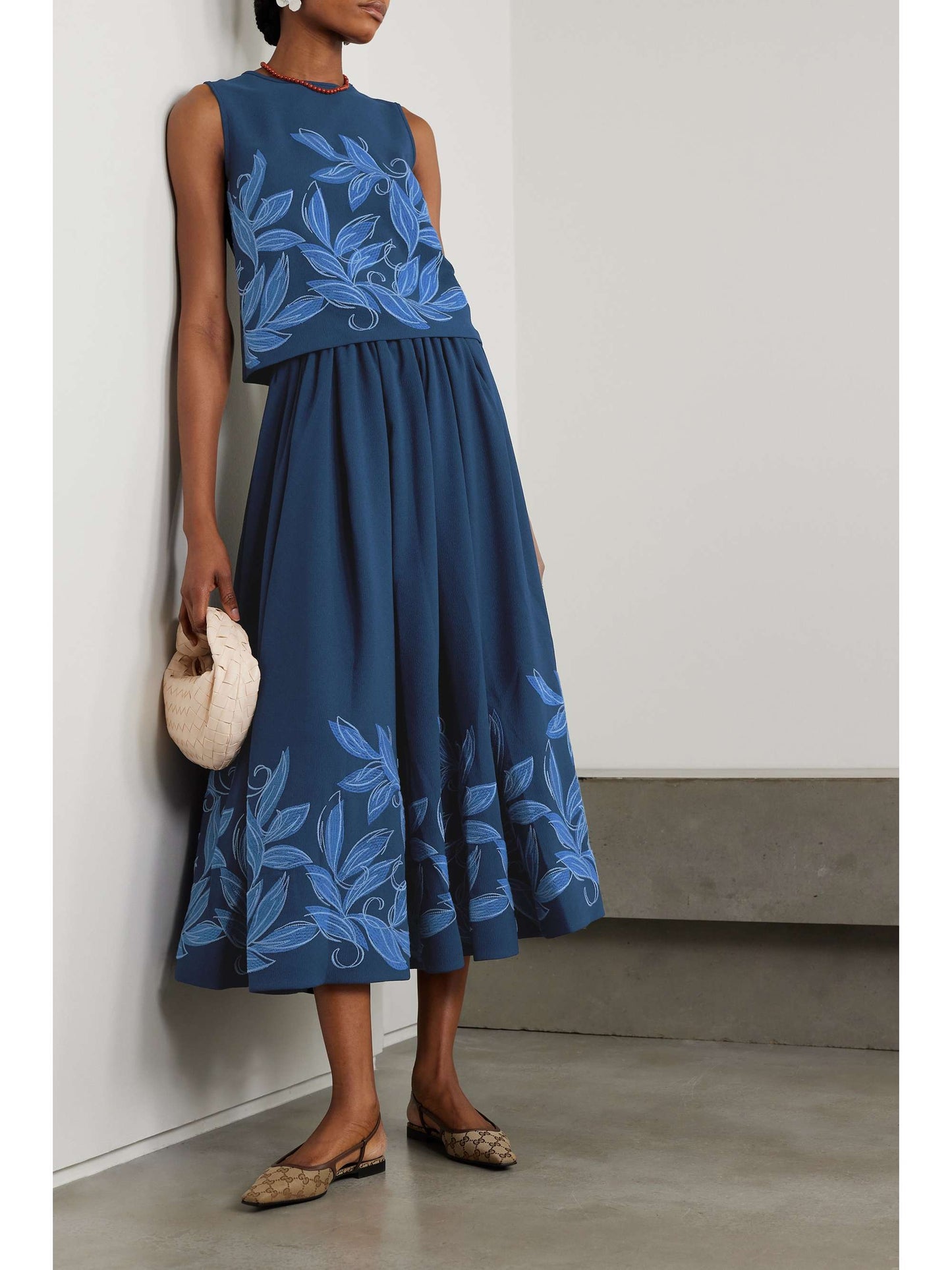 Embroidered Crepe Midi Skirt