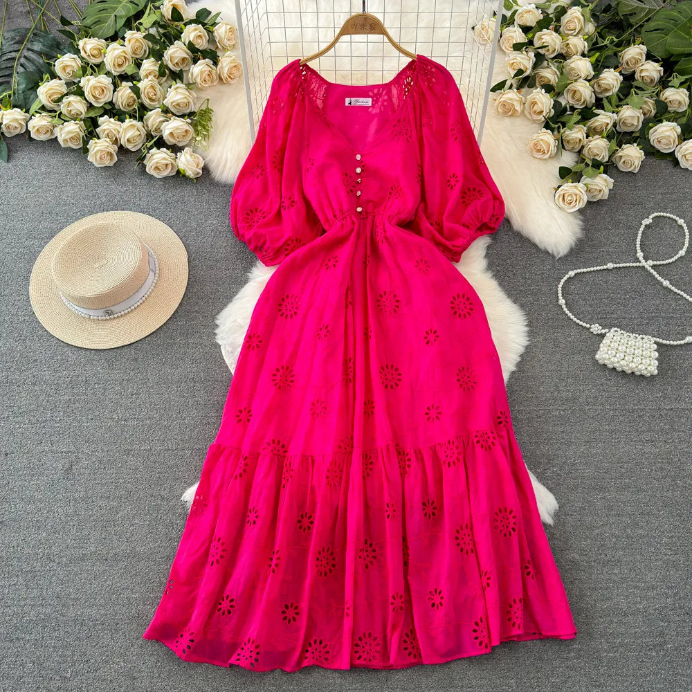 Short-Sleeved V-Neck Waist Slim A-Line Hollow Embroidered Dress
