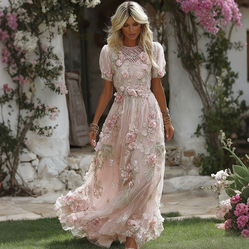 Women's Floral Art Flowy Linen Blend Casual Short Sleeve Maxi Dress