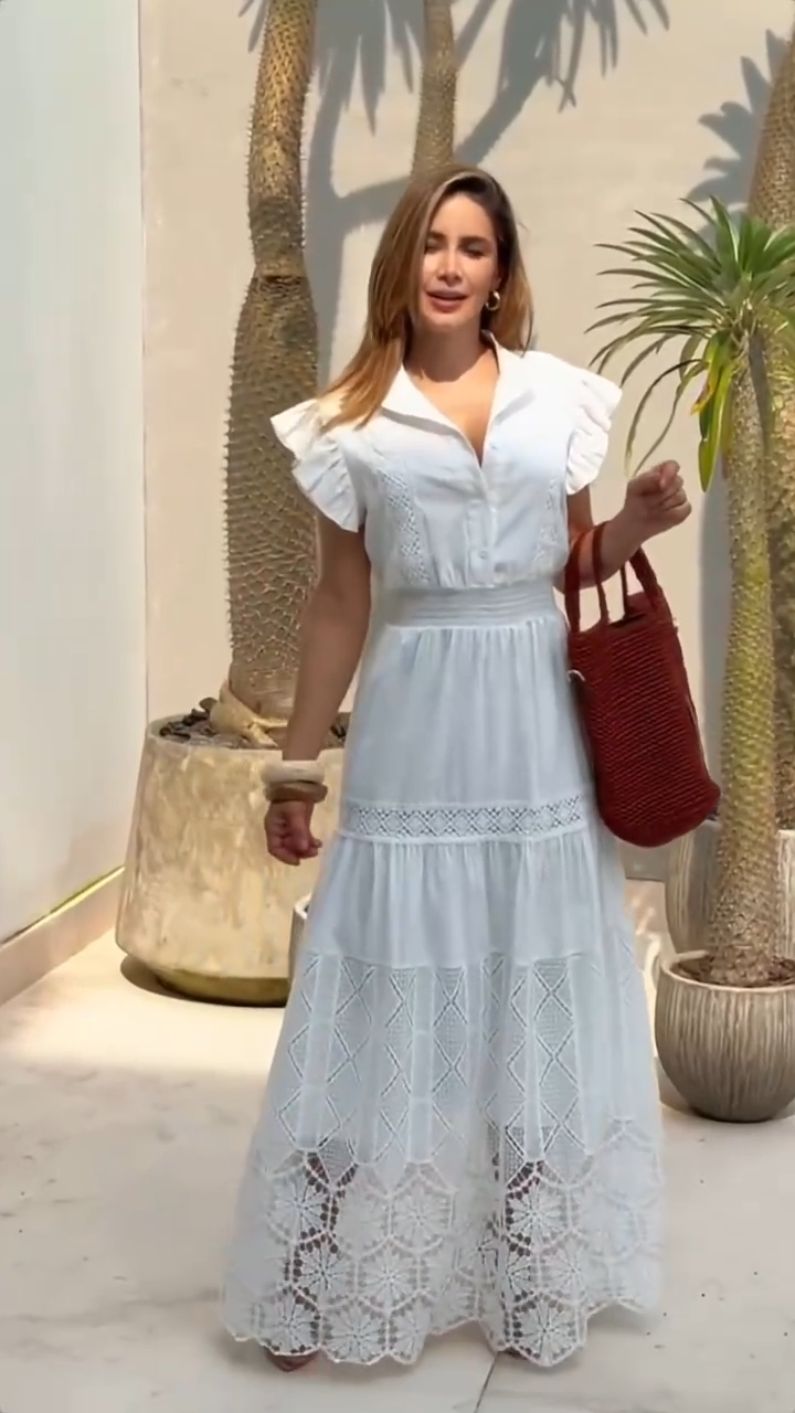 White Lace Tiered Maxi Dress with Ruffled Sleeves
