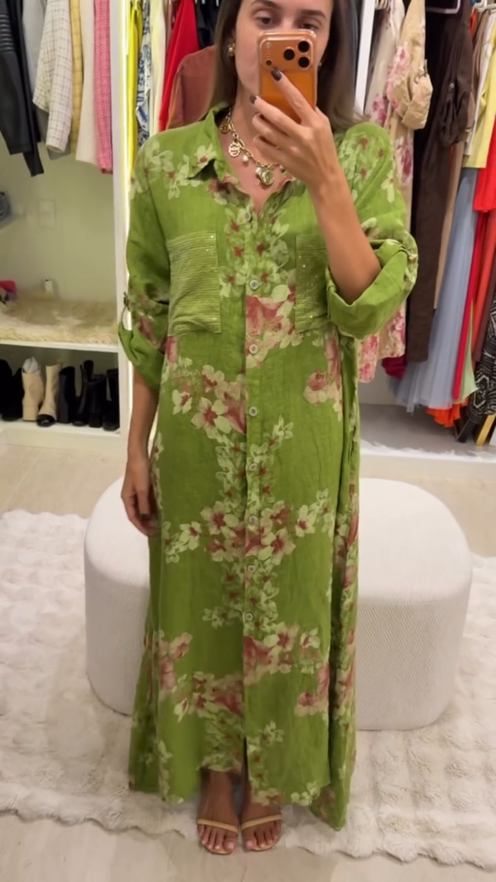 Green Floral Print Linen-Blend Shirt Maxi Dress