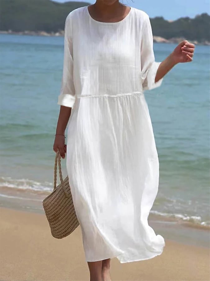 Ramie White High Waist Slim Loose Round Neck Dress