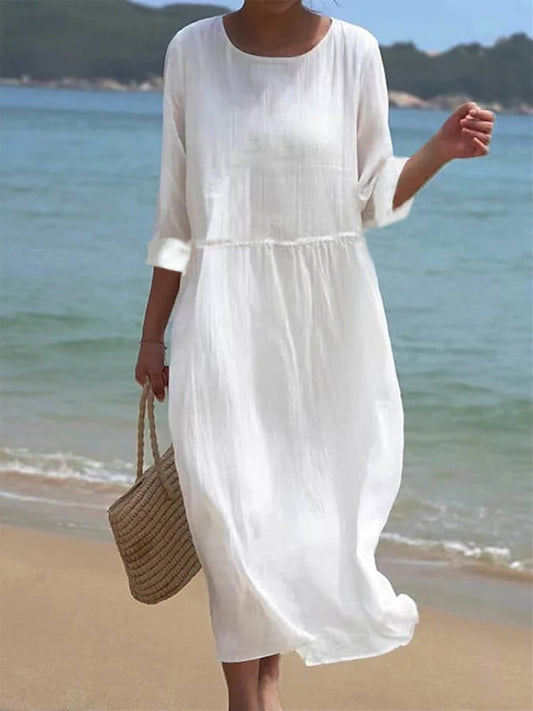 Ramie White High Waist Slim Loose Round Neck Dress