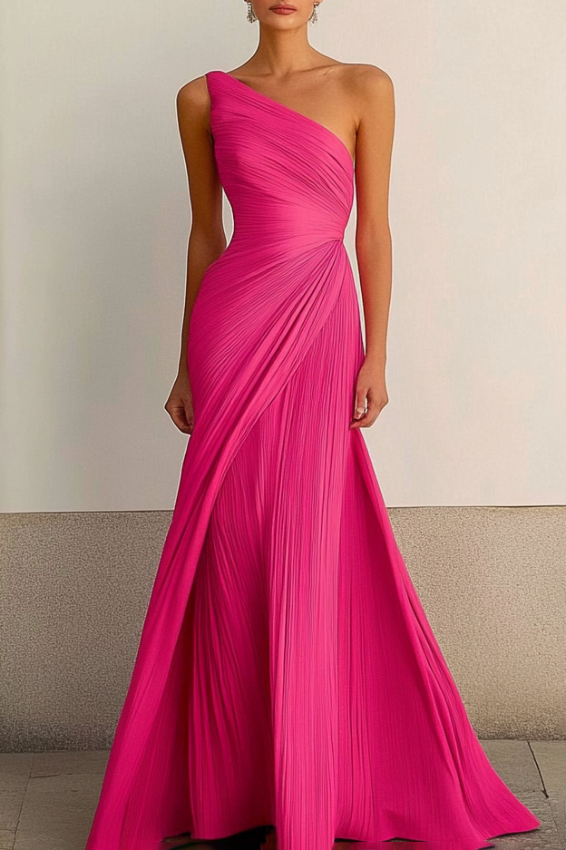 One Shoulder Pleated Maxi Dress Flowy Bodycon Gown Darted Waist Wedding Guest Dress