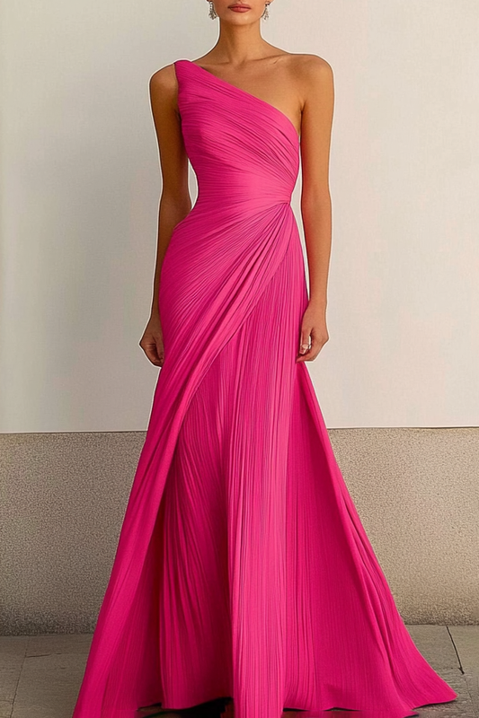 One Shoulder Pleated Maxi Dress Flowy Bodycon Gown Darted Waist Wedding Guest Dress