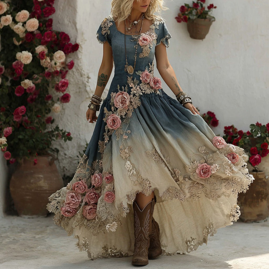 Women's Bohemian Pink Rose Patchwork Art Short Sleeve Maxi Dress