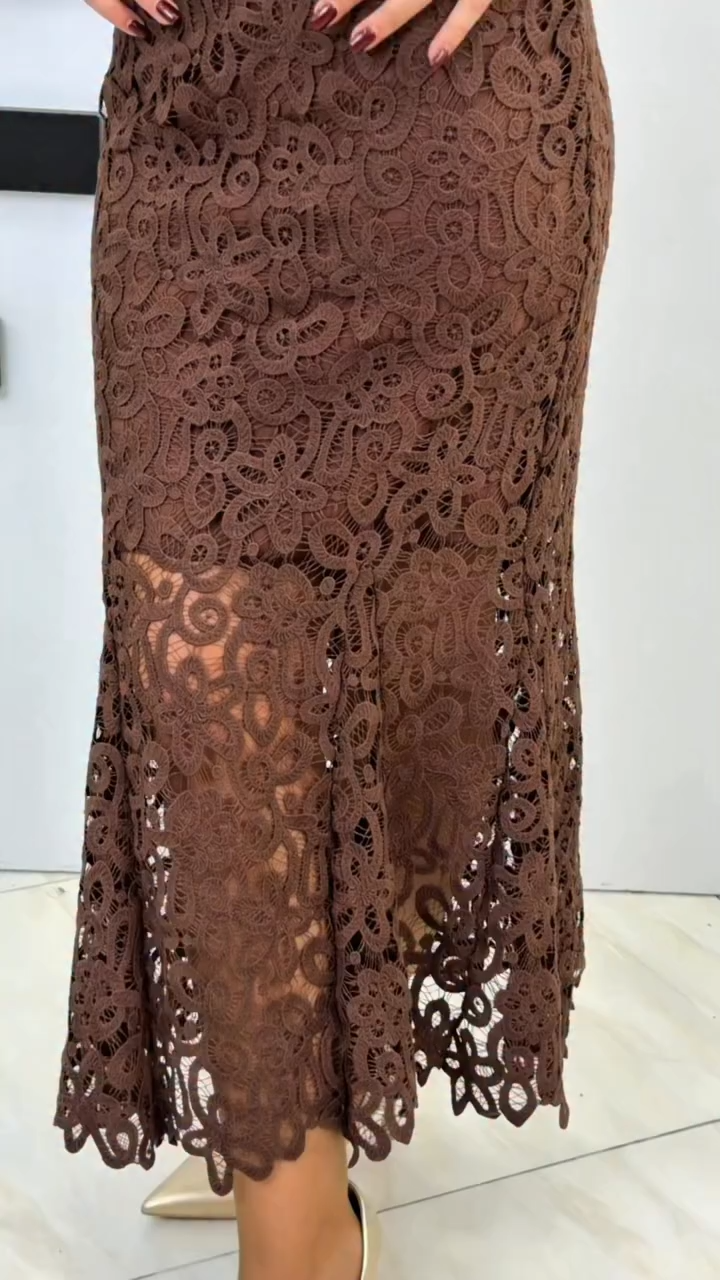 Brown High-Neck Lace Mermaid Midi Dress