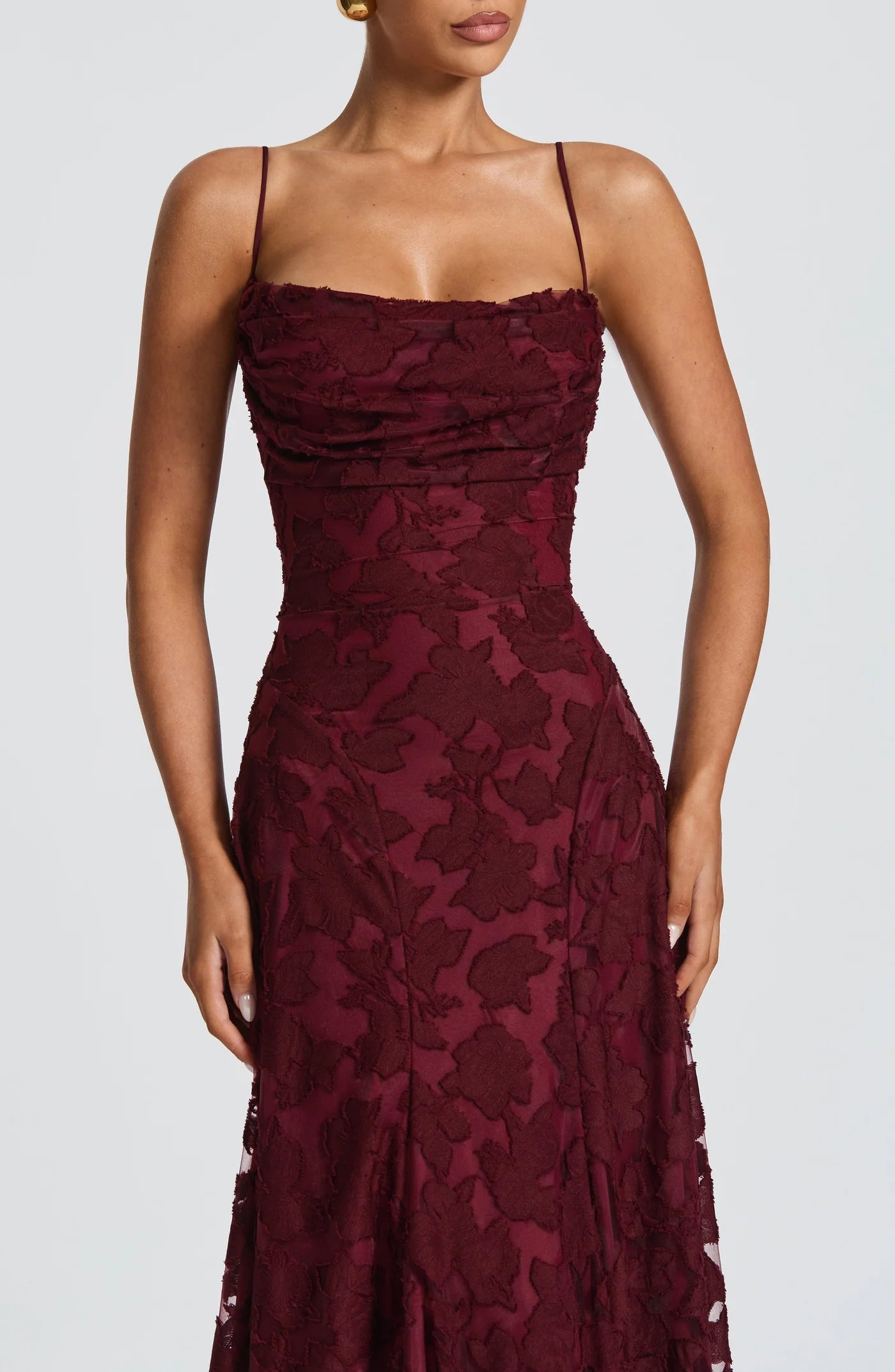 The Blooming Grace Gown – Burgundy Floral Lace Evening Dress