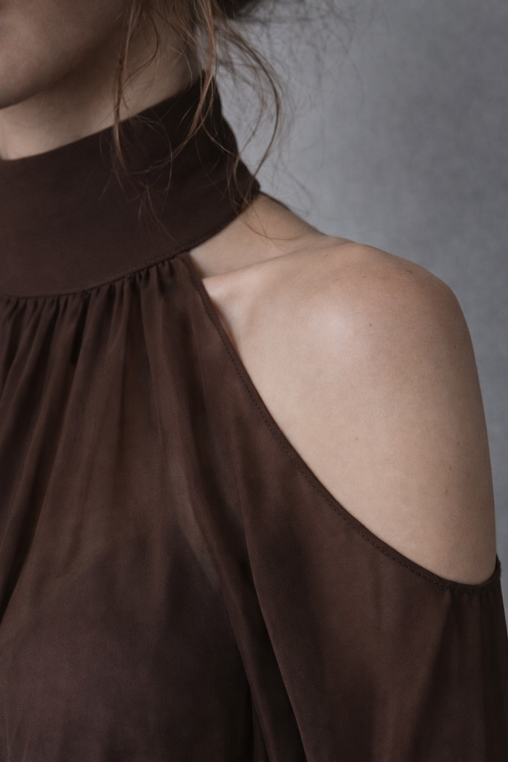 Chocolate Pleated Halter Crop Top with Flowing Lantern Sleeves