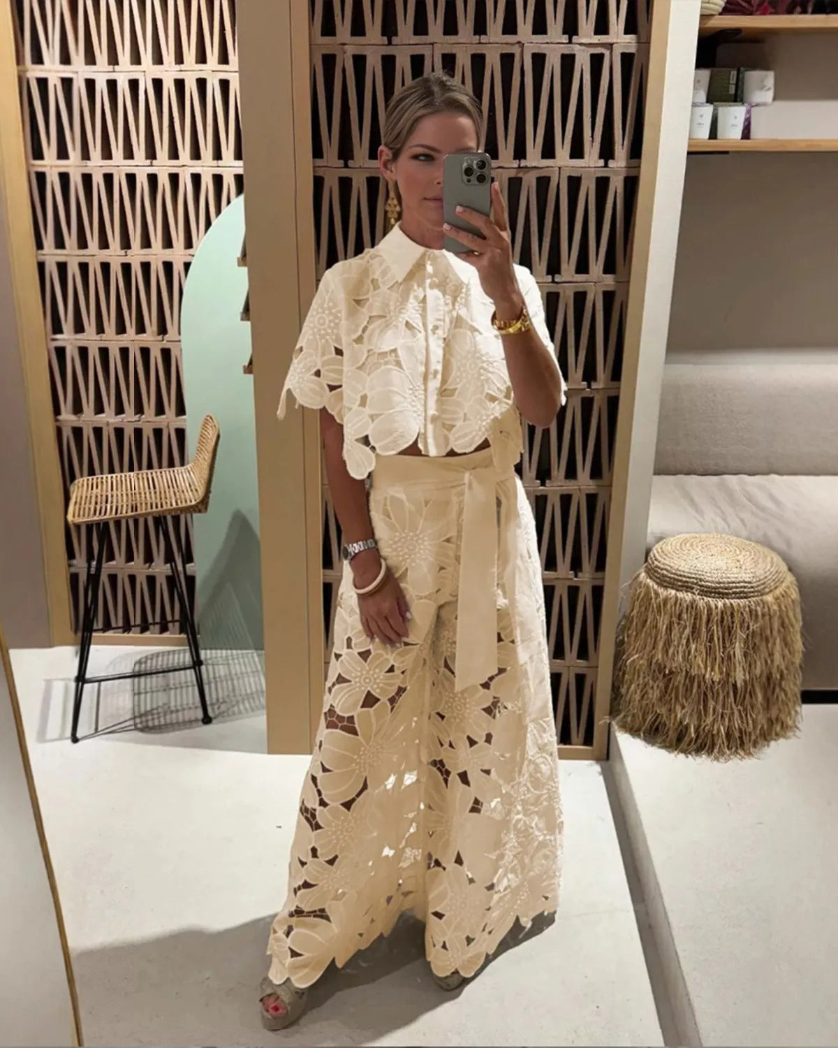 Solid Color Lace-Up Knit Top & Wide-Leg Pants Two-Piece Set