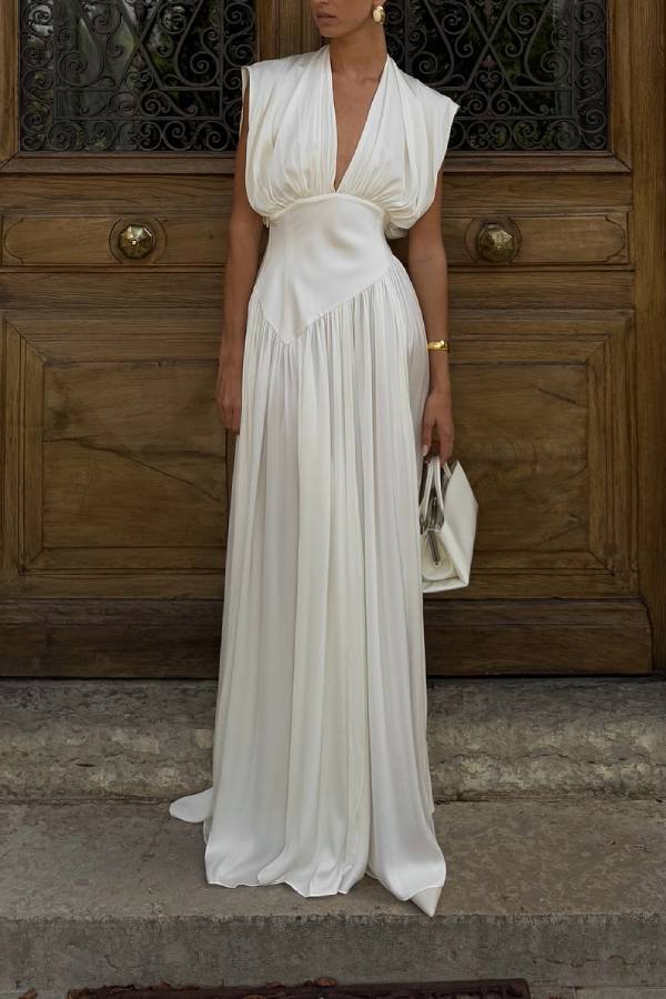 Deep V Sleeveless Waist-Cinched High Slit Satin Evening Gown