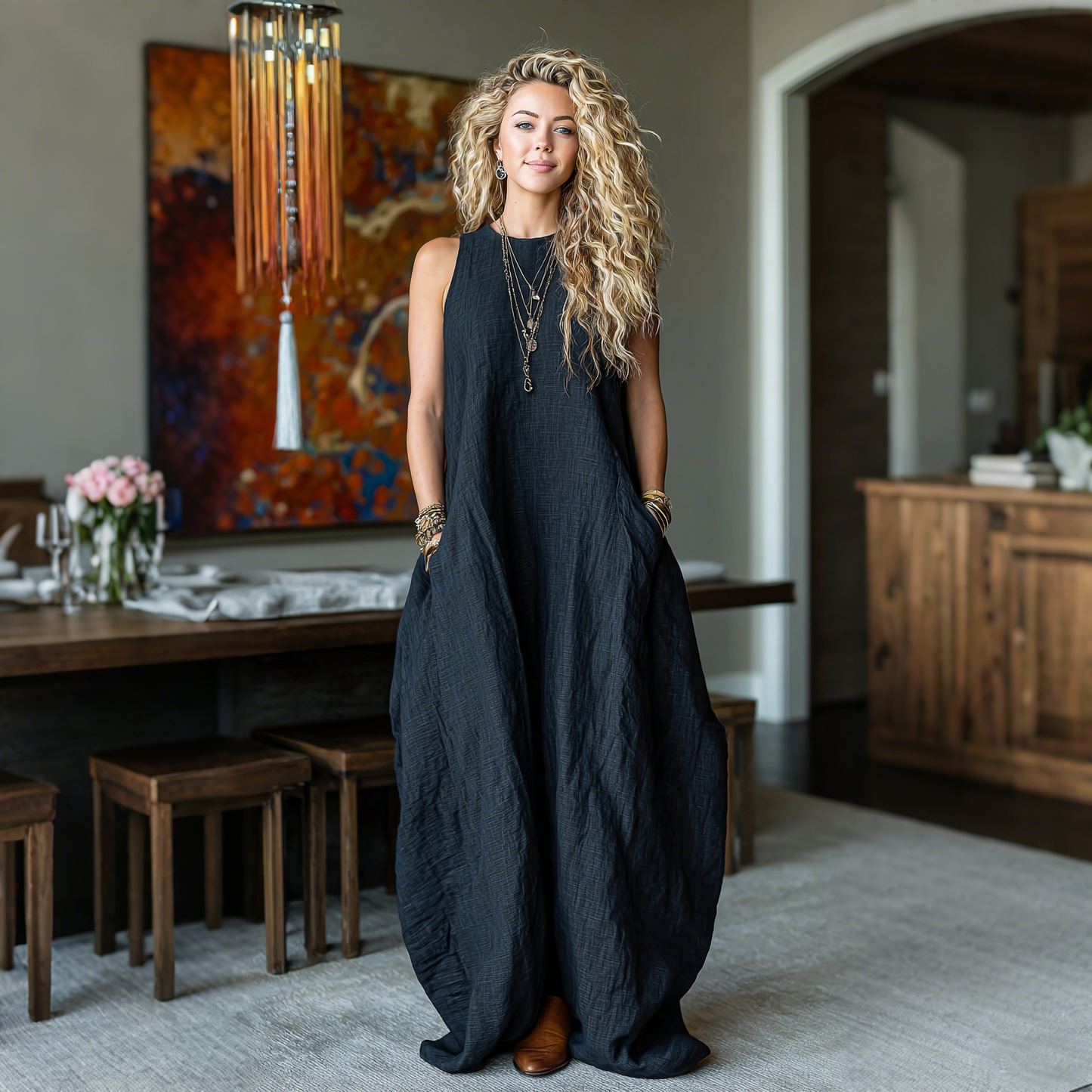 Retro Casual Loose Cotton And Linen Suspender Long Skirt Fashionable Large Silhouette Suspender Dress Home Comfortable L