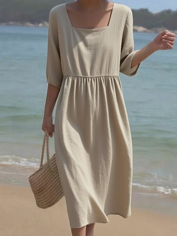 Women'S Casual Solid Color Cotton And Linen Short-Sleeved Dress