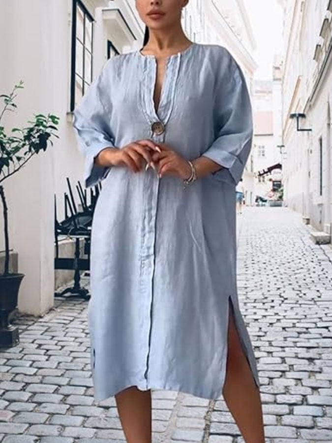 Women's Casual Solid Color V-Neck Three-quarter Sleeve Cotton and Linen Dress