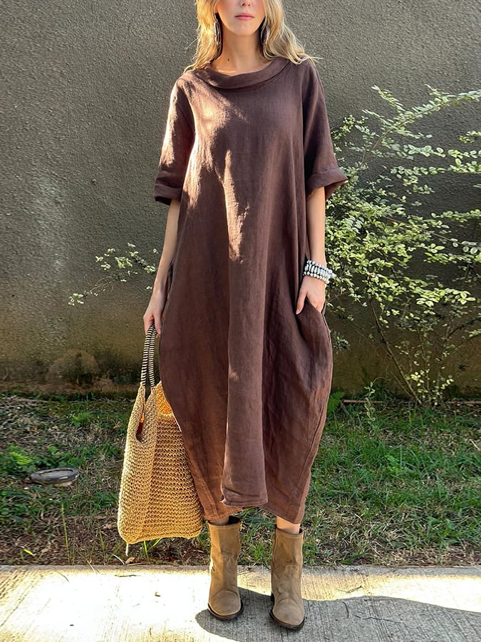 Women'S Casual Solid Color Round Neck Cotton And Linen Dress