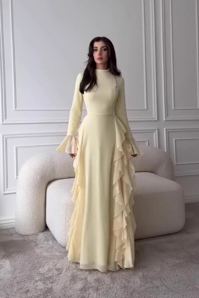 Elegant Crew Neck Long-Sleeve Maxi Dress with Ruffled Details & Flared Bell Sleeves