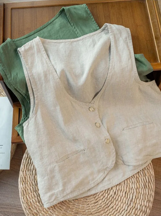 Vintage Linen Blend Pocket Vest