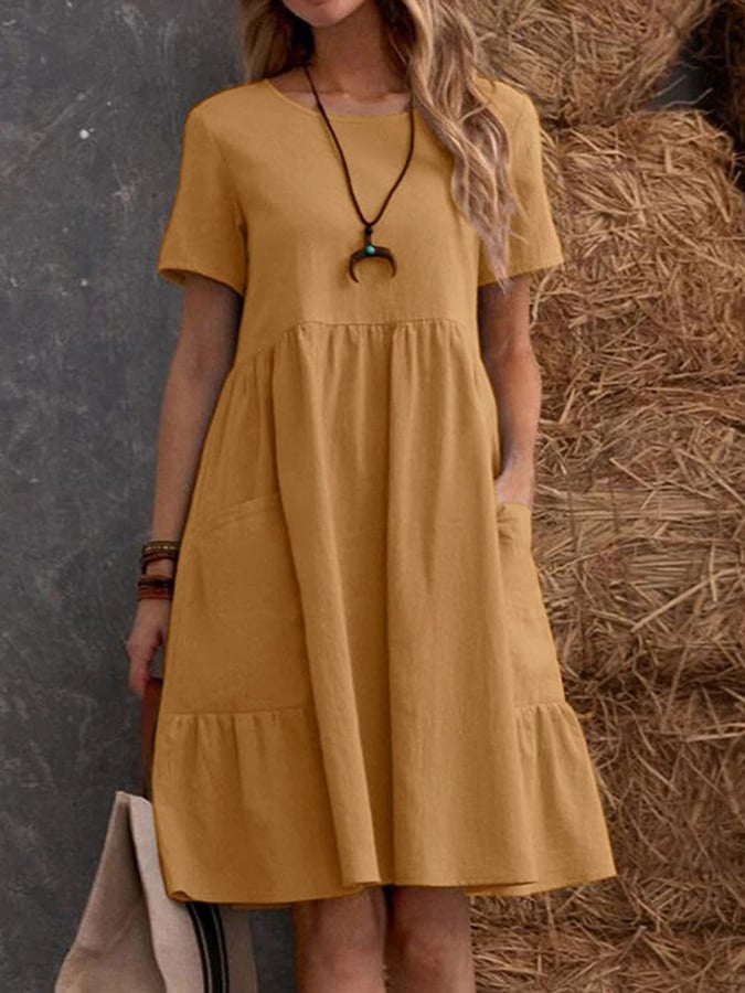 Solid Color Short Sleeved Loose Pocket Cotton Linen Dress