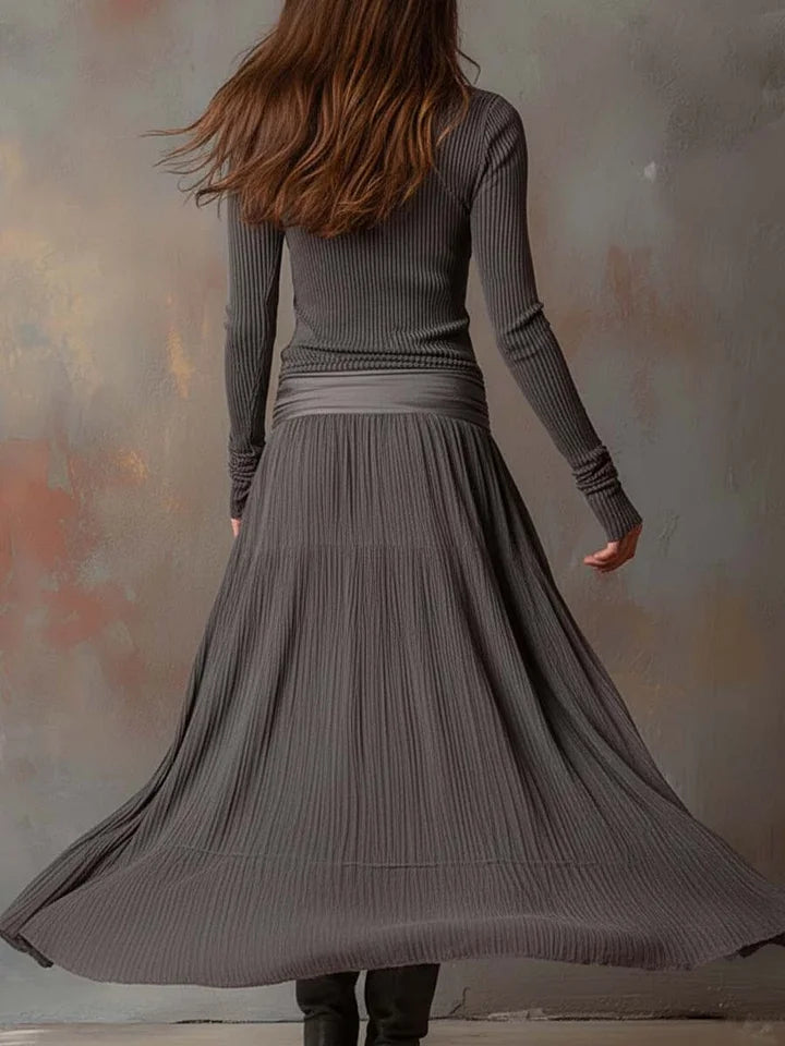 Midnight Muse Ribbed Maxi | Sculpted Bodice & Ethereal Layered Hem