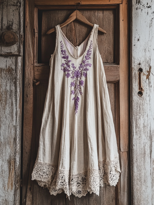 Boho Lavender Embroidered Pattern Lace Linen Dress